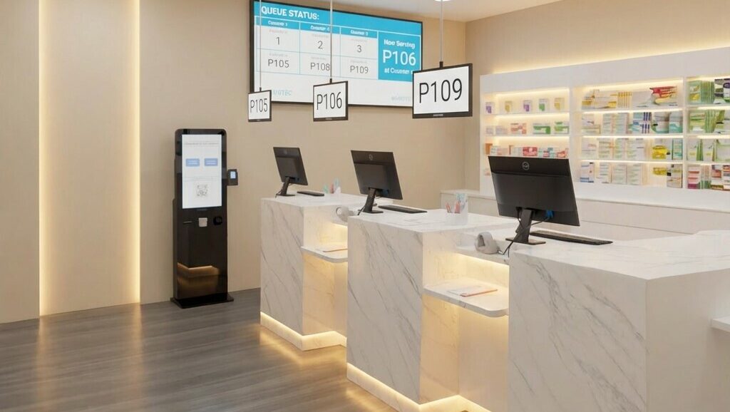 Pharmacy queuing system wavetec checkout kiosk 1