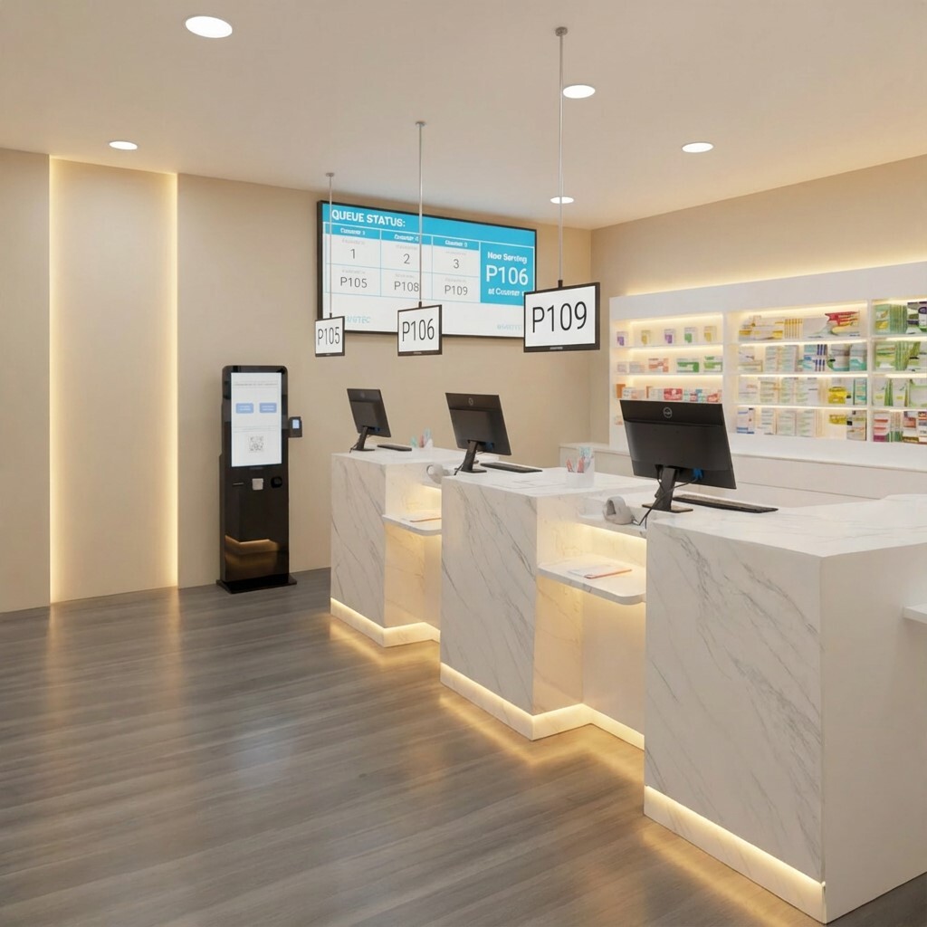 Pharmacy queuing system wavetec checkout kiosk 1