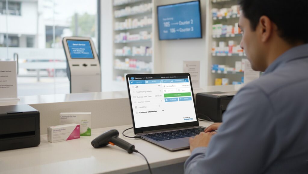 pharmacy queue management system wavetec queuing system and digital signage 1