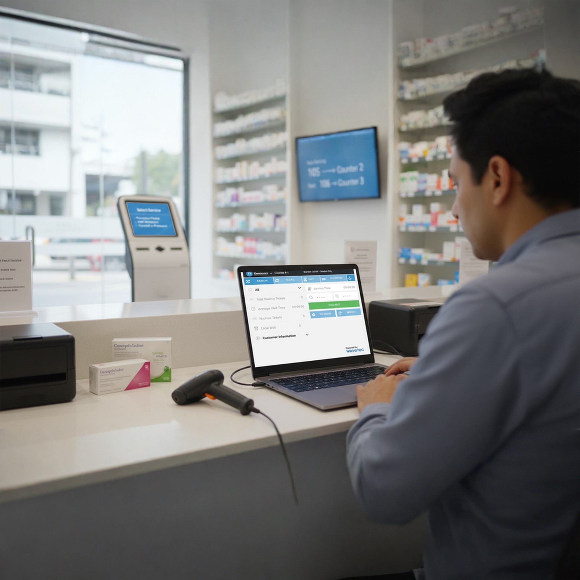 pharmacy queue management system wavetec queuing system and digital signage 1