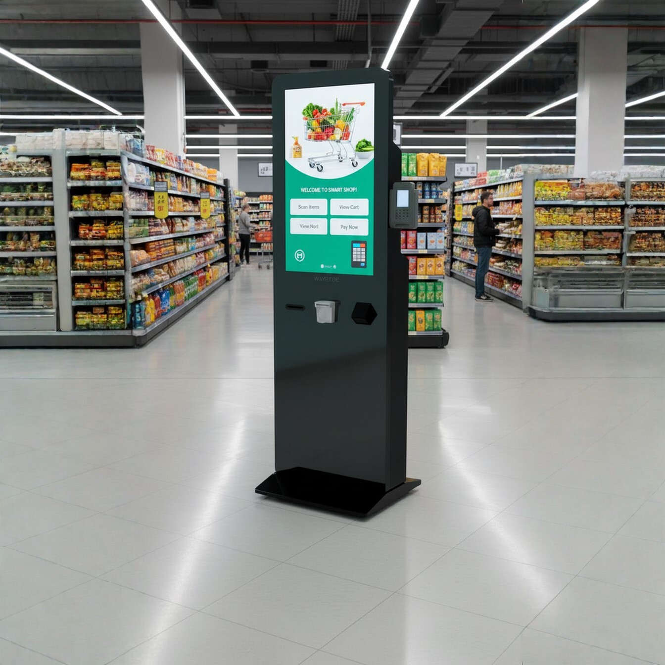 supermarket retail queuing kiosk wavetec checkout kiosk